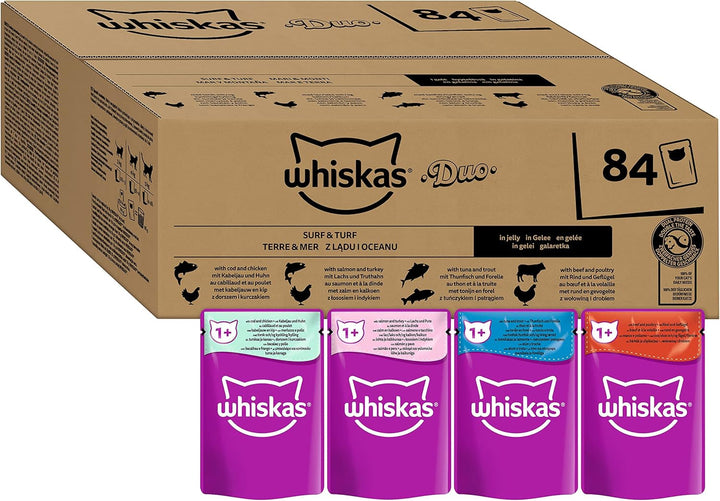 WHISKAS 1+ Hrană umedă pentru pisici - De la 1 an - 40X85G săculeți - Hrană umedă pentru pisici în sos - Hrană umedă de înaltă calitate pentru pisici - pachet mare