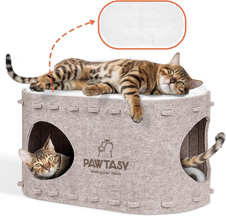 Pat pentru pisici Pawtasy, din fetru, cu 2 perne moi și detașabile, rezistent la iarnă, protecție pentru unghiile pisicii, 58A x 33L x 30Î cm, gri închis