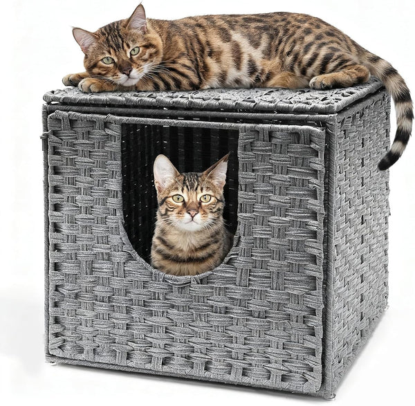 Pat pentru pisici Fernlandia Cat Pest, 52A x 50L x 45H cm, potrivit pentru peșteri de interior, cu 1 covoraș moale pentru pisici, rezistent la frig și zgârieturi, gri