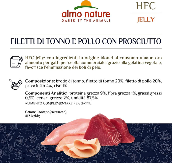 Almo Nature HFC Jelly Hrană umedă pentru pisici adulte File de ton și file de pui cu șuncă -24 X 55 G.