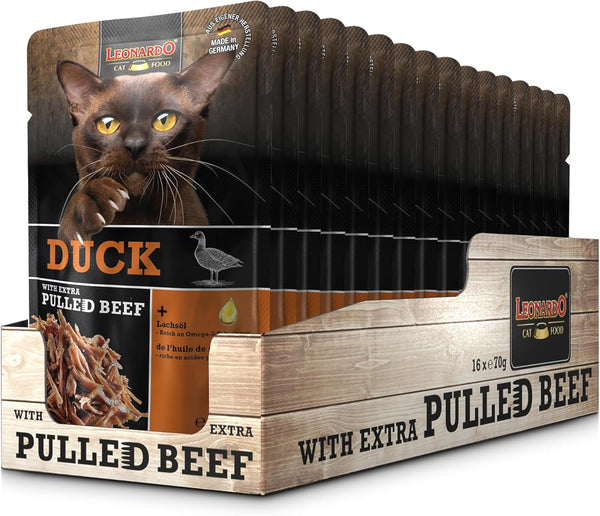 LEONARDO Fresh Pouch [16X70G Rață cu fâșii de carne] Pulled Beef | Hrană umedă fără cereale pentru pisici | Hrană completă pentru pisici