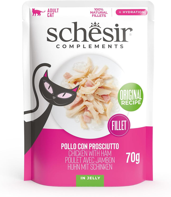 , File de pui cu șuncă în jeleu, Hrană umedă complementară pentru pisici, Rețetă originală, 100% naturală, 12 pungi a câte 70 g