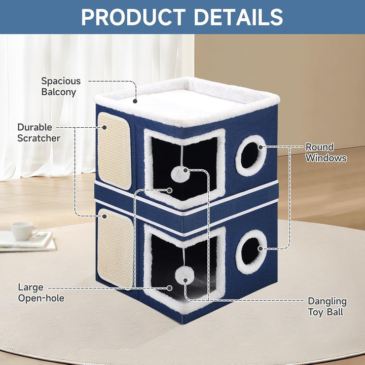 Căsuță pentru pisici Shikha cu 3 straturi, peșteră pliabilă pentru pisici mari, 40L*40l*63H cm, cub pentru pisici de interior, divizibilă în 2 peșteri mari pentru pisici cu ascunzătoare pentru pisici, pat pentru pisici cu zgârietură și minge de joacă