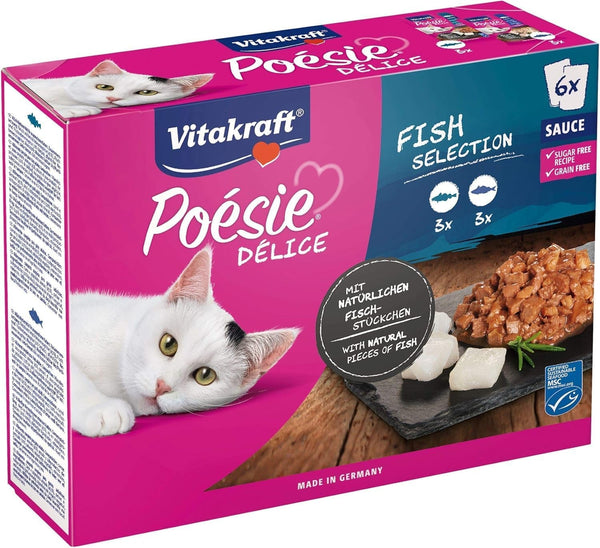 Vitakraft Poésie Délice, Fish Selection, hrană umedă pentru pisici, hrană umedă pentru pisici în sos, cu pollock, cu cod, fără adaos de zahăr și cereale (1 pachet de 6X 85G)
