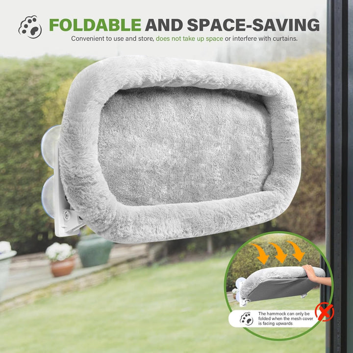 Șezlong pliabil pentru pisici, cu ventuze puternice, 60 x 30 cm, hamac detașabil pentru pisici, capacitate de încărcare de până la 18 kg, pentru ferestre și pervazuri din sticlă, gri