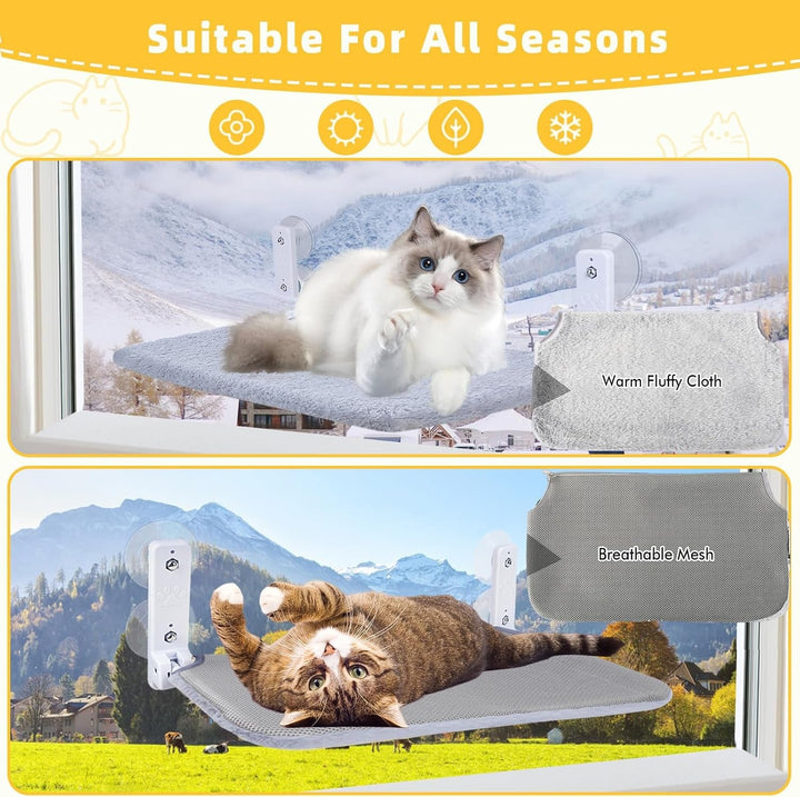 Hamac mare pentru fereastră pentru pisici, pat pentru pisici 52 x 30 cm cu pernă detașabilă din pluș, hamac pliabil pentru fereastră pentru pisici stabil pentru pisici, hamac pentru pisici cu 4 ventuze puternice, susține 25 kg (gri)