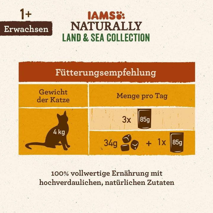 IAMS Naturally Cat Food Wet in Sauce - Hrană umedă de înaltă calitate cu carne și pește pentru pisici adulte, Land & Sea Collection, 12 X 85 G