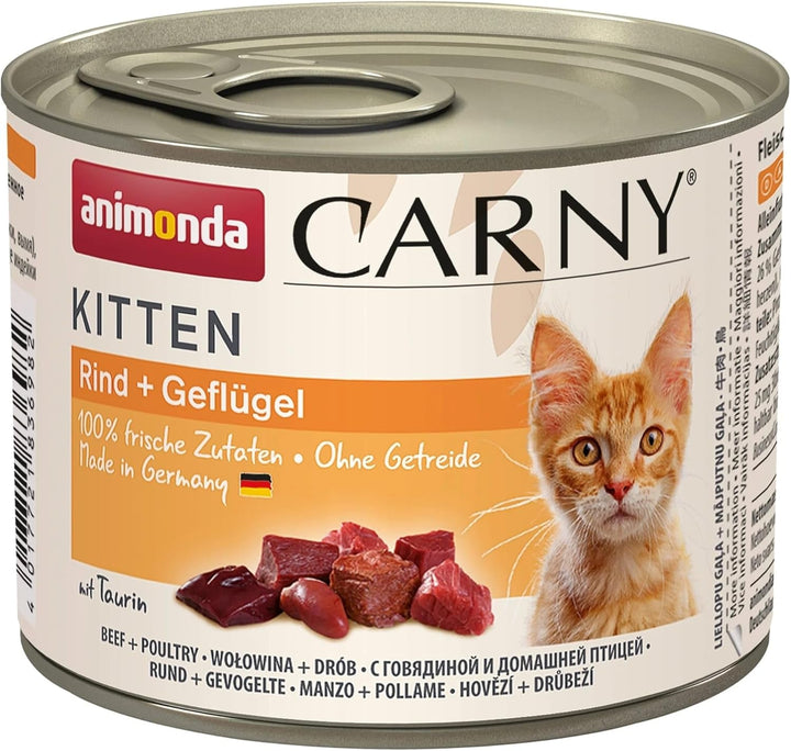 Animonda Carny Kitten Beef, Veal + Chicken (12 X 85 G), hrană umedă pentru pisoi în creștere, hrană pentru pisici fără cereale și zahăr, hrană umedă pentru pisici cu 100% ingrediente proaspete
