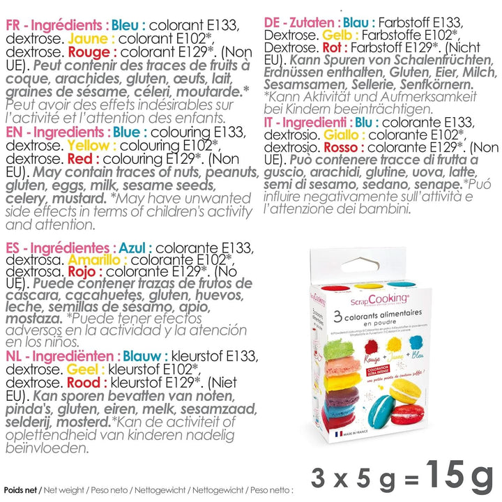 ScrapCooking, Set 3 coloranti alimentari pudra - rosu, galben, albastru, 3 x 5 grame Naty Shop