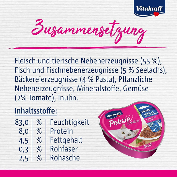 Vitakraft Poésie Création, hrană umedă pentru pisici, hrană umedă pentru pisici în sos, cu somon, cu paste și roșii, fără adaos de zahăr și cereale (1X 85G)
