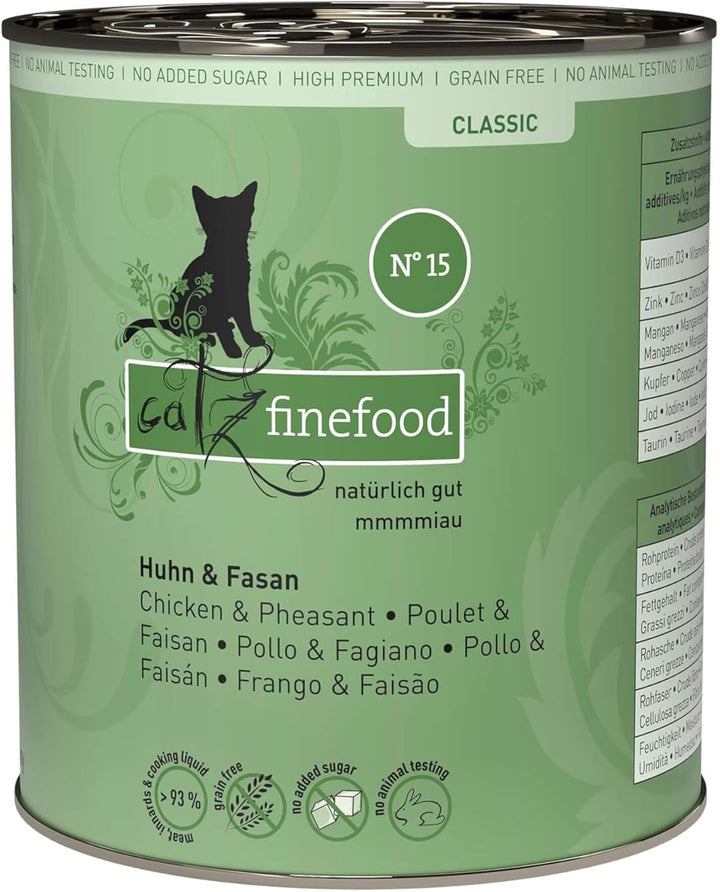 Hrană umedă pentru pisici Catz Finefood Classic N° 15 Chicken & Pheasant - Hrană umedă gourmet pentru pisica dvs. fără zahăr și cereale, fără gluten - cu conținut ridicat de carne, fabricată în Germania (6 cutii de 800 g)