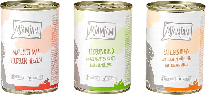 Mjamjam - Hrană umedă premium pentru pisici - Mixpack I - pui, vită, inimi, pachet de 6 (6 X 200 G), fără cereale cu extra carne