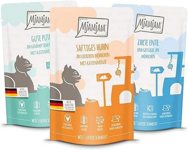 Mjamjam - Hrană umedă premium pentru pisici - Mixpack IV - 4*pui, 4*pui și pasăre, 4*curcan 12 X 125G, 12Pack (12 X 125 G), fără cereale cu extra carne