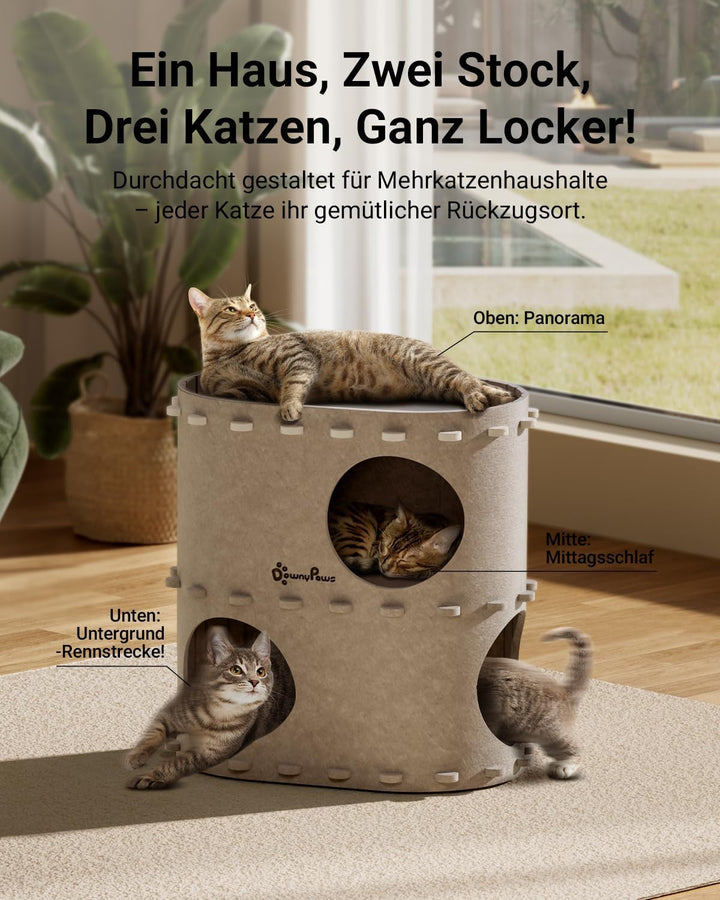 Peșteră pentru pisici Downypaws din fetru, pat pentru pisici cu 2 niveluri, căsuță tip castel pentru joacă, design cald, protecție pentru unghiile pisicii, bej