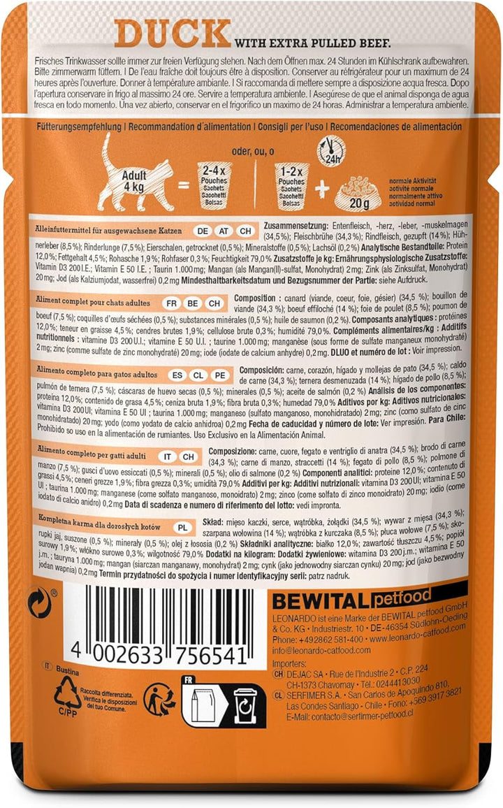 LEONARDO Fresh Pouch [16X70G Rață cu fâșii de carne] Pulled Beef | Hrană umedă fără cereale pentru pisici | Hrană completă pentru pisici