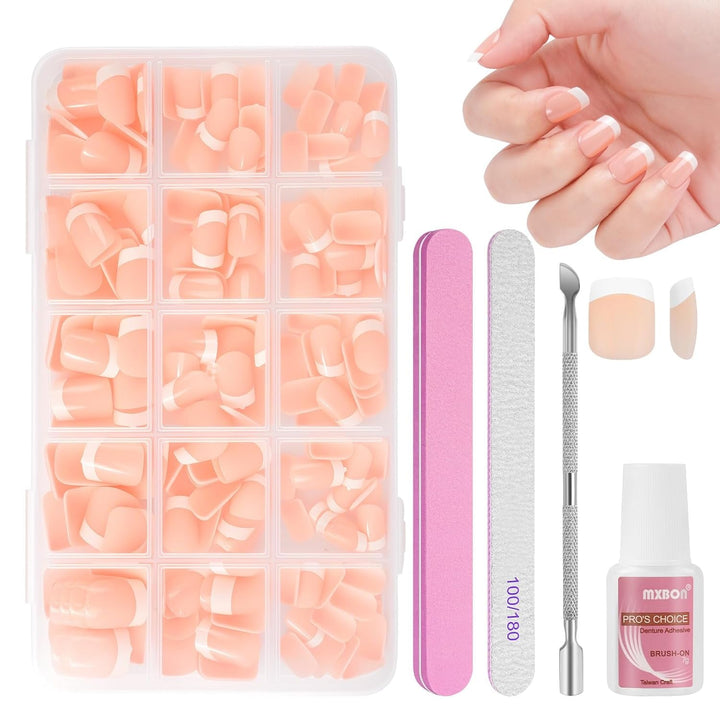 Set de 240 de vârfuri pentru unghii false, unghii false franțuzești pentru lipit, set de unghii franțuzești cu presă, 12 mărimi, unghii false cu lipici pentru femei și bărbați (alb nud mediu migdală)