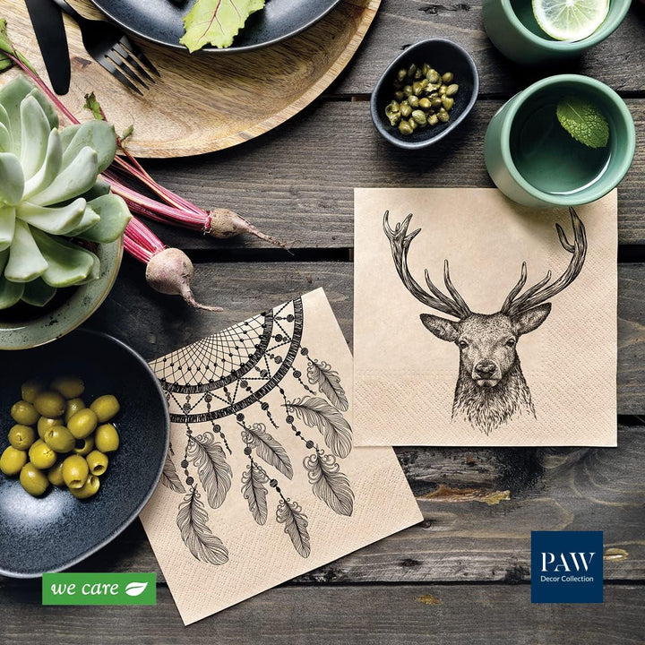 Kolekce tlapky dekor x tlapkovou výzdobu cm papírové ubrousky s 3 vrstvami. 20 kusů. Vytištěno barvy založené na vodě. Dekorace stolu. Nature, Hirsc, PAW_022022, jelen, 33 x 33 cm (balíček s 3)