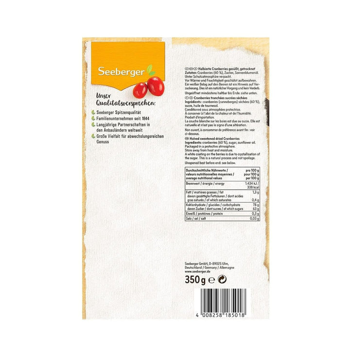 Seeberger, Merișoare canadiene înjumătățite, fructate și dulci Produse deshidratate Naty Shop