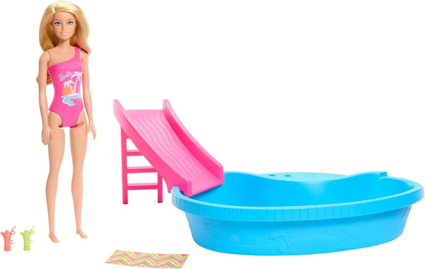 Păpușă Barbie și accesorii - piscină cu tobogan și accesorii pentru ore de distracție la soare, costum de baie roz cu design tropical, pentru copii de la 3 ani, HRJ74 Casute de papusi Naty Shop Titlu implicit