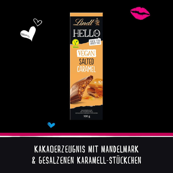 Lindt Schokolade HELLO Tafel Vegan Salted Caramel | 100 G Tafel | Vegan Mit Kakao, Mandelmark, Karamellzucker Und Einem Hauch Von Salz | Schokoladengeschenk Naty Shop