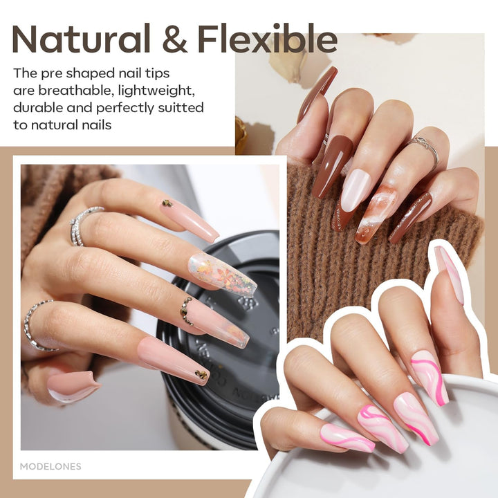 Modelones Kit pentru unghii și gel adeziv 500 buc. Set extensii unghii cu gel adeziv Kit unghii cu gel, adeziv unghii și mini lampă unghii acoperire completă vârfuri unghii presă pe Nail Art Studio Salon DIY