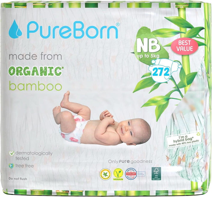 Scutece din bambus organic Pureborn Eco, dimensiune pentru nou-născuți (până la 5 kg), ecologice, hipoalergenice, ultra-moale, cu indicator de umiditate, diverse imprimeuri Mama si Copilul Naty Shop Nou-nascut (272 buc)