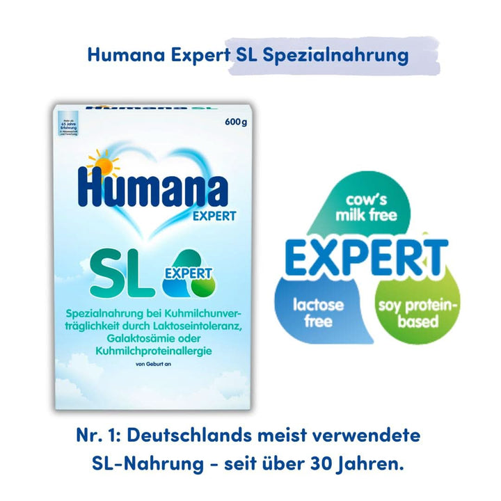Humana SL Expert, de la nastere, hrana speciala pentru intoleranta la laptele de vaca datorita intoleranta la lactoza, galactozemie sau alergie la proteinele din laptele de vaca, pentru sugari si copii mici, 600 G Mama si Copilul Naty Shop