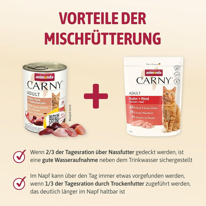 Animonda Carny hrană umedă pentru pisici Chicken + Turkey + Duck Hearts (6 X 800G), Hrană umedă pentru pisici fără cereale, fără zahăr, cu ingrediente din carne proaspătă