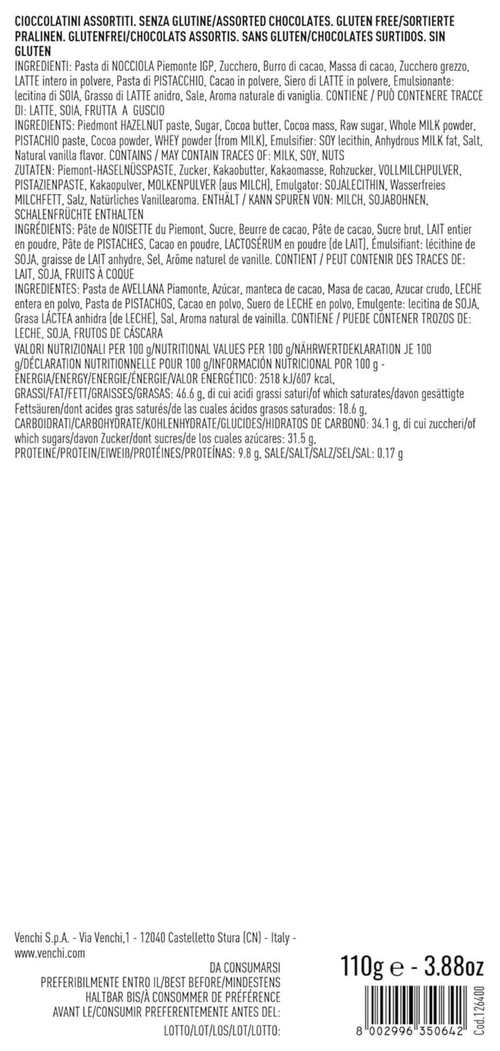 Venchi, Cutie cadou aurie cu ciocolată Gianduiotti asortată, 110 grame Bomboane de Ciocolata Naty Shop