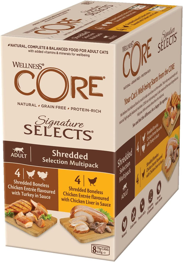 Wellness CORE Signature Selects, Shredded Selection Mix, 8 X 79 G, Hrană umedă premium pentru pisici adulte în sos, fără zahăr adăugat, fără cereale, cu conținut ridicat de carne