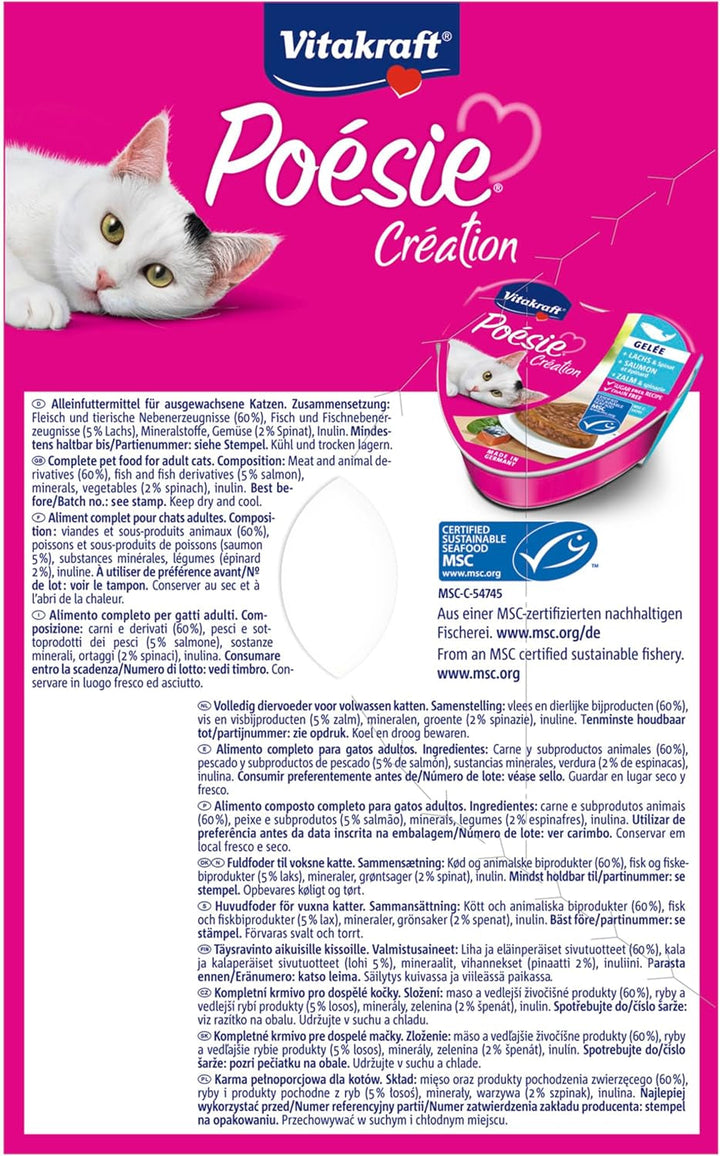 Vitakraft Poésie Création, Finest Selection, hrană umedă pentru pisici, hrană umedă pentru pisici Jelly, cu somon și spanac, cu vânat în jeleu de afine, fără zahăr adăugat și cereale (1 pachet cu 6X 85G)