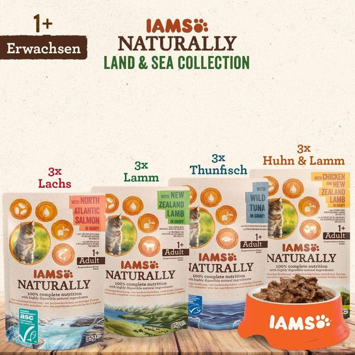 IAMS Naturally Cat Food Wet in Sauce - Hrană umedă de înaltă calitate cu carne și pește pentru pisici adulte, Land & Sea Collection, 12 X 85 G