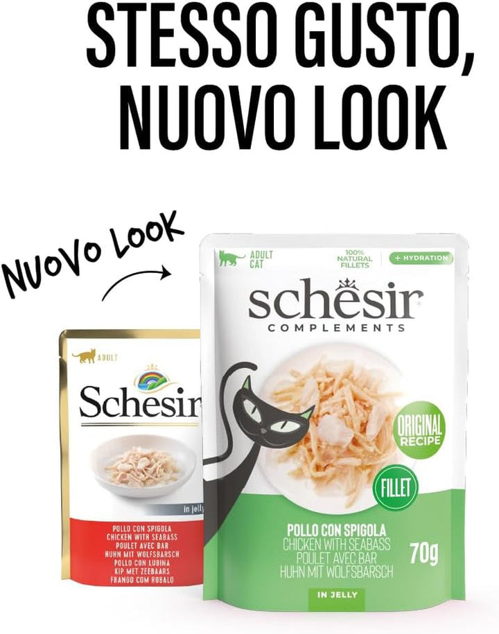 , File de pui cu spigola în jeleu, Hrană umedă complementară pentru pisici, Rețetă originală, 100% naturală, 12 pungi a câte 70 g