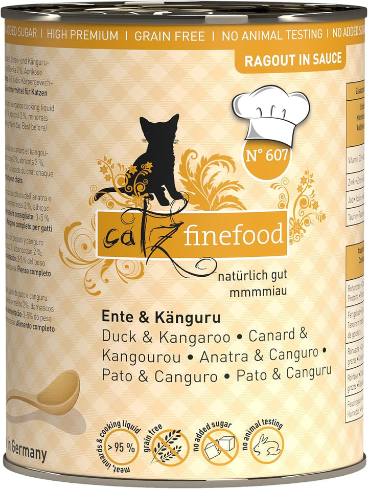 Catz Finefood Ragout N° 605 Salmon & Duck Cat Food Wet - hrană umedă delicatessen pentru pisici în sos fără cereale și zahăr cu conținut ridicat de carne, cutie 6 X 190 G