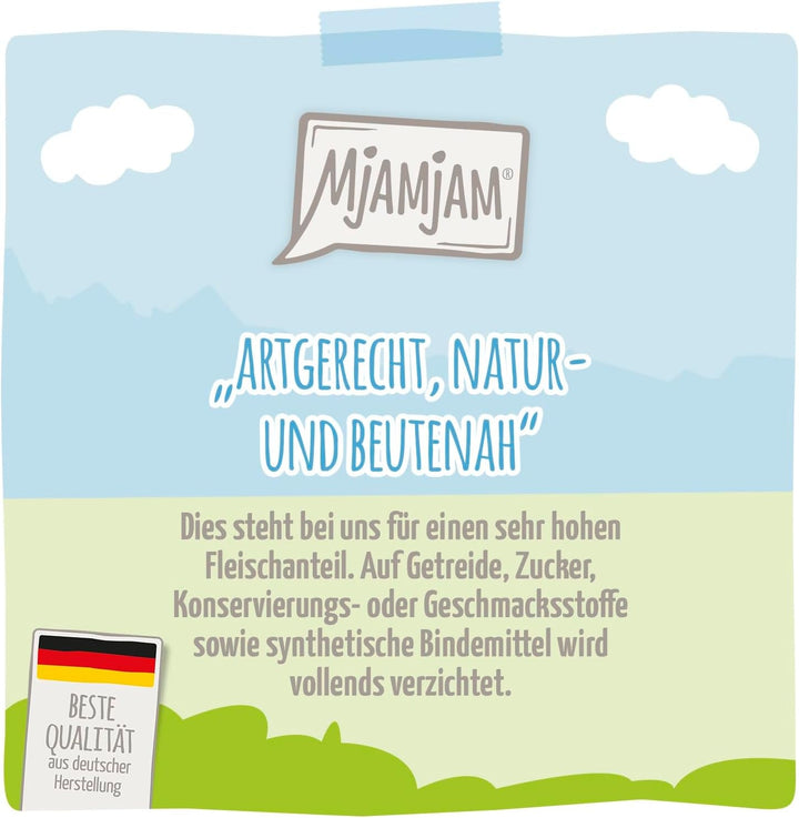 Mjamjam - Hrană umedă premium pentru pisici - Rață și pasăre fină cu morcovi delicioși, 1 pachet (1 X 400 G), fără cereale cu extra carne