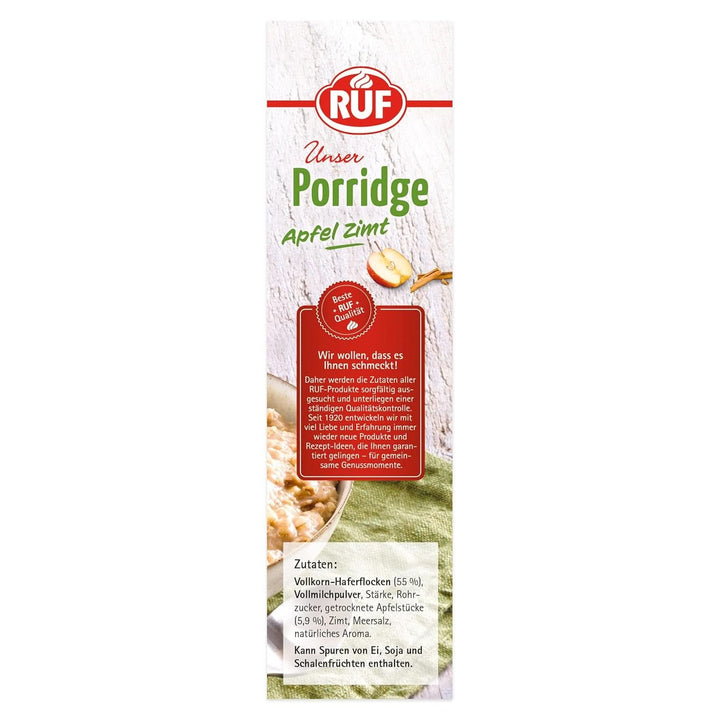 RUF Porridge Apple Cinnamon, cu fulgi de ovăz integral, aromă fină de scorțișoară și bucăți de mere uscate, 400 grame Cereale Naty Shop