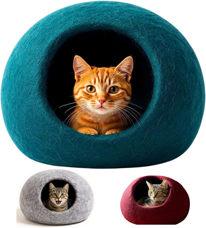 Pat pentru pisici XL, Peșteră pentru pisici – Lână Romney fină – Îmâslită puternic – Robustă la exterior și moale la interior – Lavabilă la mașină (petrol)