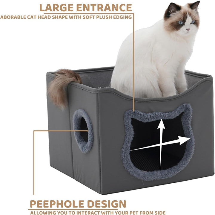 Casă pentru pisici Yosamy, căsuță pliabilă cu două straturi și stâlp de zgâriat pentru pisici, material rezistent la zgârieturi, lavabilă, pat de interior pentru pisici, 41 x 41 x 35 cm