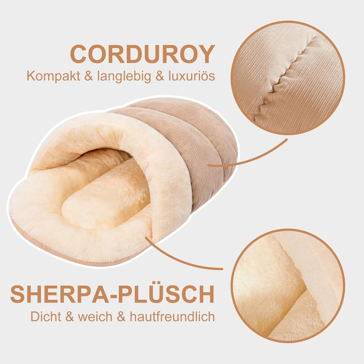 Pat de pisică drăguț, în formă de papuci, sac de dormit lavabil pentru pisici, peșteră moale din pluș, M-61 cm x 38 cm, pat pentru pisică cu fund antiderapant, cămilă