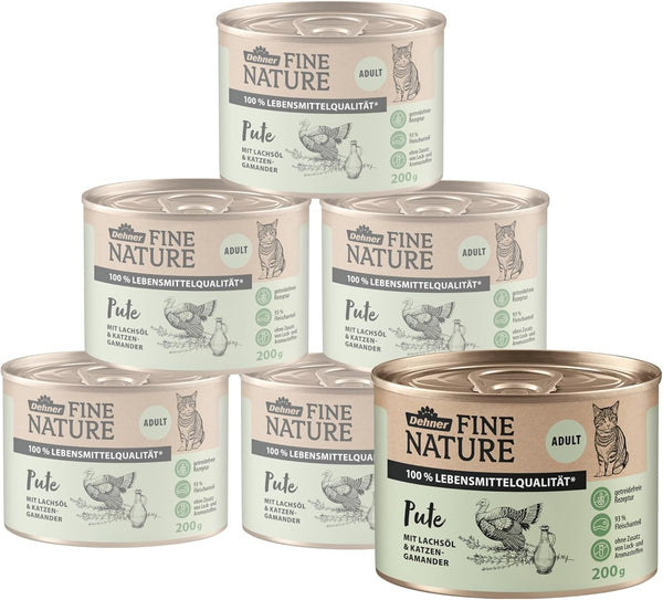Hrană pentru pisici Dehner Fine Nature, hrană umedă fără cereale, pentru pisici adulte, curcan, cutie 6 X 200 G (1,2 kg)
