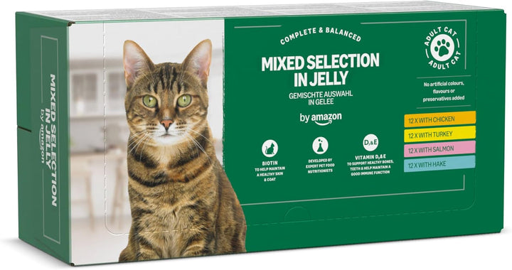 By Amazon Hrană pentru pisici, umedă, fără cereale, pentru pisici adulte, selecție mixtă în jeleu, 4,8 kg (48 pachete a 100 g)
