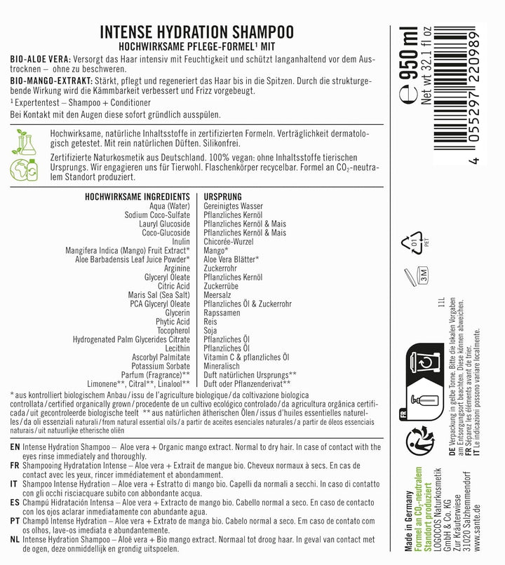 SANTE Natural Cosmetics Șampon de hidratare intensă Aloe Vera + extract de mango Duș și baie Naty Shop