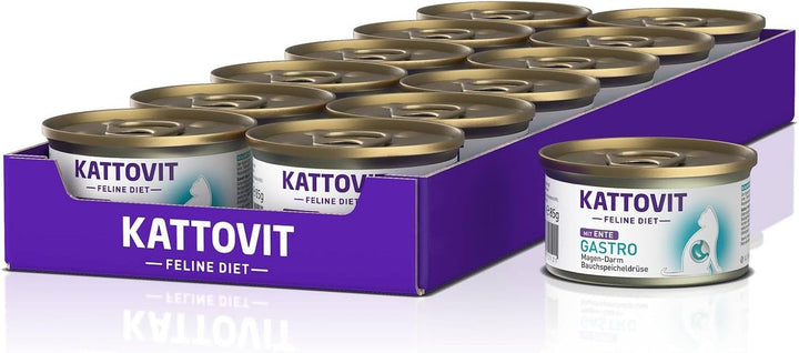 KATTOVIT - Gastro Hrană umedă pentru pisici | Hrană umedă pentru pisici pentru susținerea sistemului gastrointestinal | Hrană dietetică completă într-o cutie pentru pisici adulte. Fără gluten | 12 X 185 G E