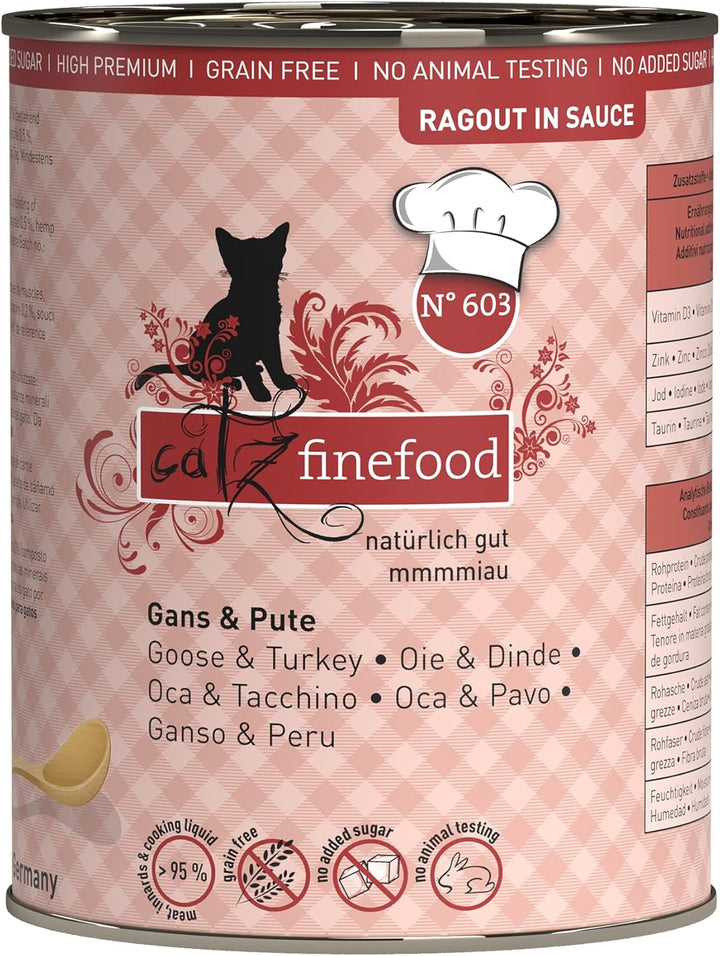 Catz Finefood Ragout N° 605 Salmon & Duck Cat Food Wet - hrană umedă delicatessen pentru pisici în sos fără cereale și zahăr cu conținut ridicat de carne, cutie 6 X 190 G