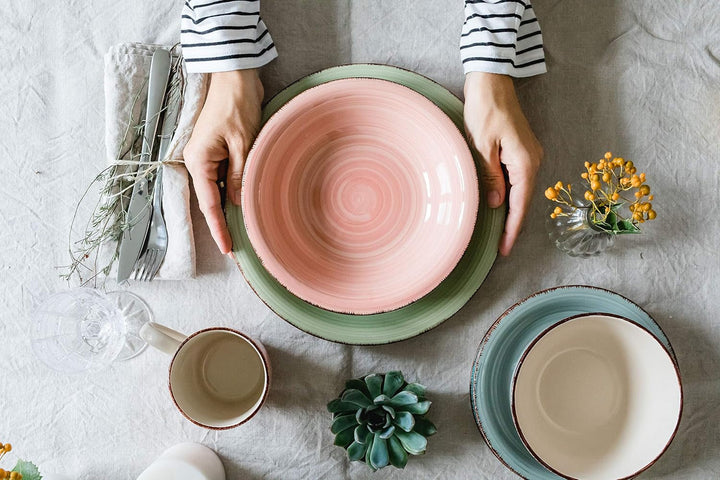 MÄSER set de farfurii pentru 6 persoane cu aspect vintage modern, serviciu de masă din 12 piese, pictat manual, verde, gresie, verde măsliniu (Bel Tempo II) Seturi vesela masa Naty Shop