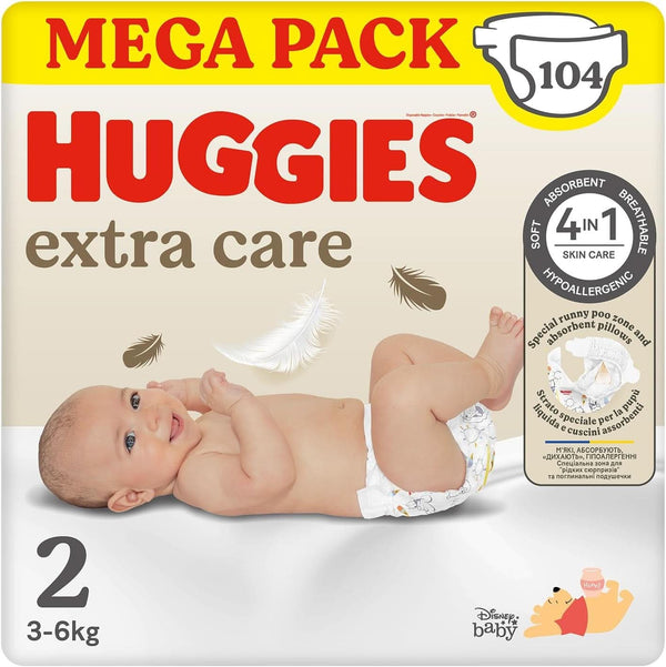 Huggies Extra Care Bebè, scutece marimea 2 (3-6 kg), foarte absorbante, design Disney, mega pachet, 104 bucati Mama si Copilul Naty Shop