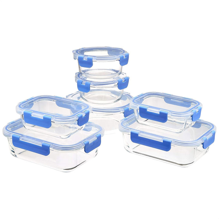 Containere pentru alimente Amazon Basics cu capace de sticlă cu închidere etanșă, set de 14 piese, 7 containere și 7 capace fără BPA, transparente cu bandă de silicon albastru Cutii depozitare alimente Naty Shop Set de 14 piese