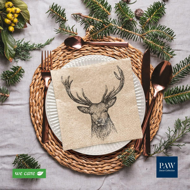 Kolekce tlapky dekor x tlapkovou výzdobu cm papírové ubrousky s 3 vrstvami. 20 kusů. Vytištěno barvy založené na vodě. Dekorace stolu. Nature, Hirsc, PAW_022022, jelen, 33 x 33 cm (balíček s 3)