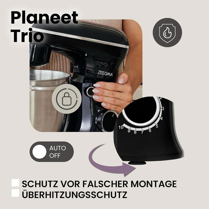 ZEEGMA PLANEET TRIO Planetenroboter, 1500 W, Multifunktionale Küchenmaschine Mit 3 Schüsseln 4 L, 4,5 L Und 5,2 L, 10 Betriebsgeschwindigkeiten, Mixer Mit Haken, Schneebesen (Schwarz) Mama si Copilul Naty Shop