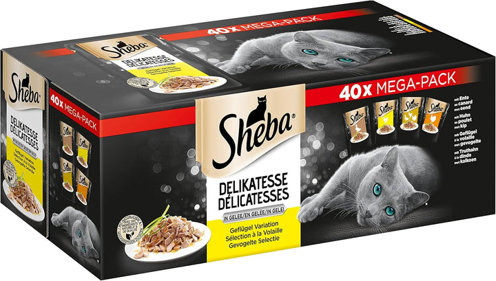 Sheba Delikatesse în jeleu, hrană umedă pentru pisici cu selecție fină de păsări, 40 X 85G